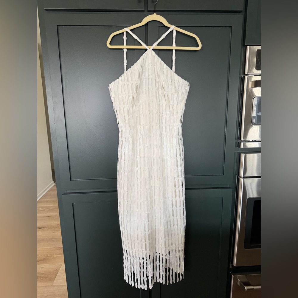 NWT Antonio Melani White Crochet Midi Asha Dress Fringe Hem Halter Resort ~ 10 - Picture 4 of 10